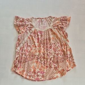 Cato Pink and Cream Blouse with Flutter Sleeves